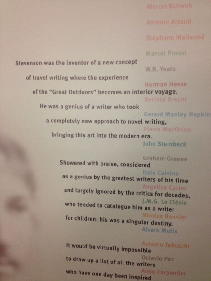 Arnolfini fact sheet name checking great authors and quoting from RL Stevenson whose French Mule Trail I walked in 2018 with Mother Teresa Forbes. A travel writer of genius he is also a model and inspiration for me. He pops up everywhere in print and as statues. In London, Edinburgh and of course the South of France.